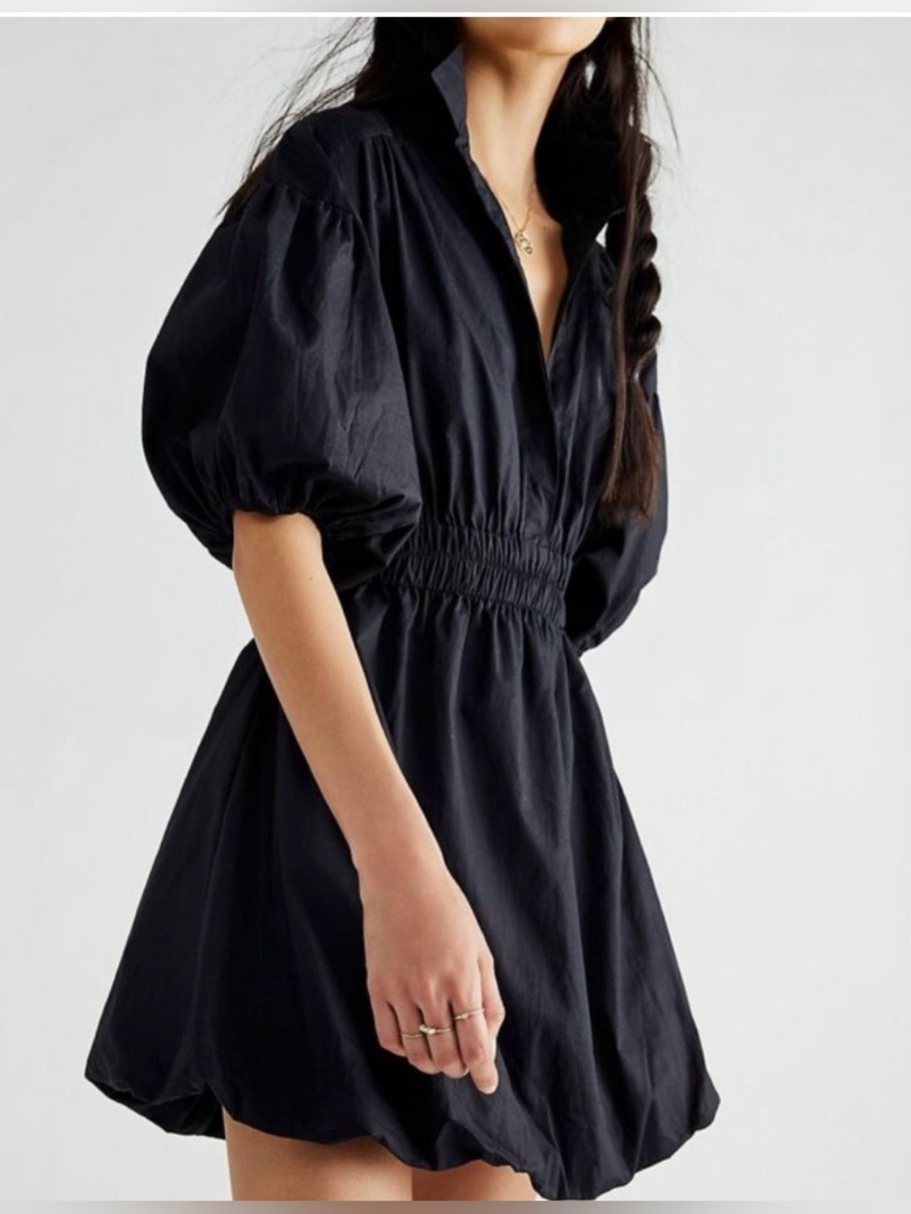 Free People Black Bubble Hem Mini Dress Smocked Waist Collared Cotton Size Small